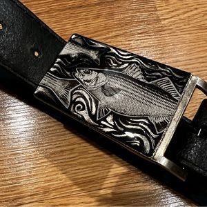 Buckle Rage Belt‎ Buckle reflective Fish Striped Bass Italian Black Leather